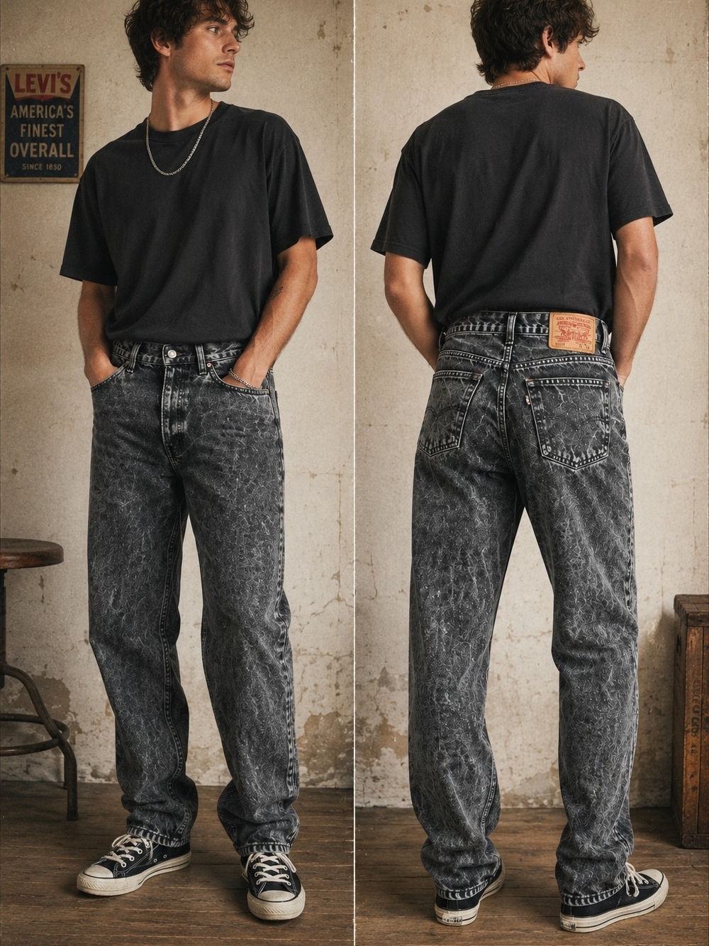 Levi's Vintage Black Acid Wash Jeans Made in USA – 550 Relaxed Fit – Men's 34x34